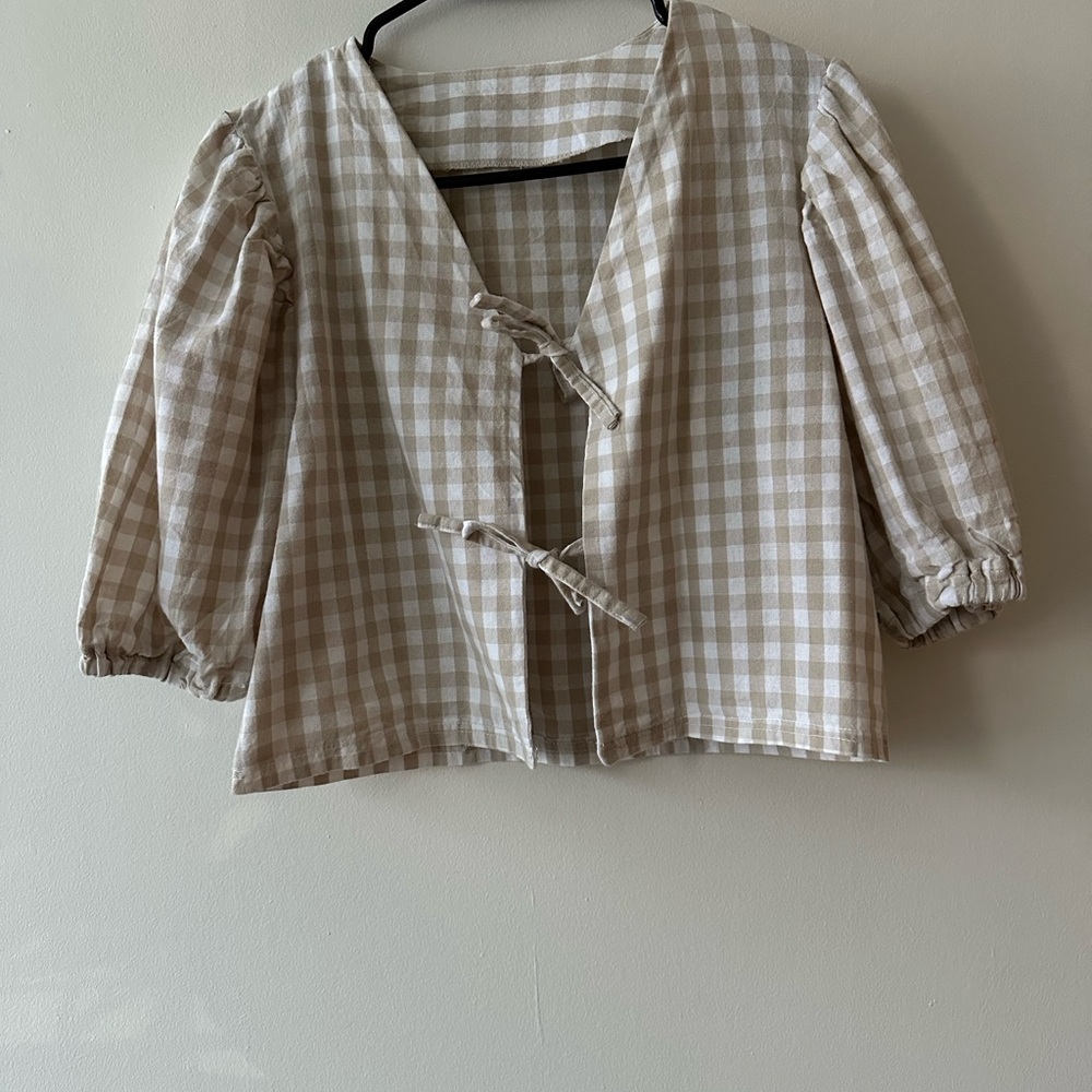 Gingham Beige and White Tie Blouse with Bows
